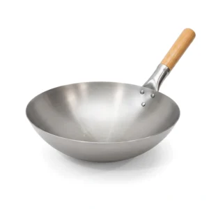 Tigaie Wok cu fund rotund și mâner din lemn – 30 cm
